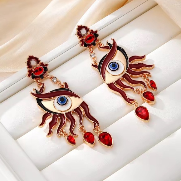 Surreal Evil Eye Art Earrings — Red & Gold Statement Drops - Picture 2 of 6